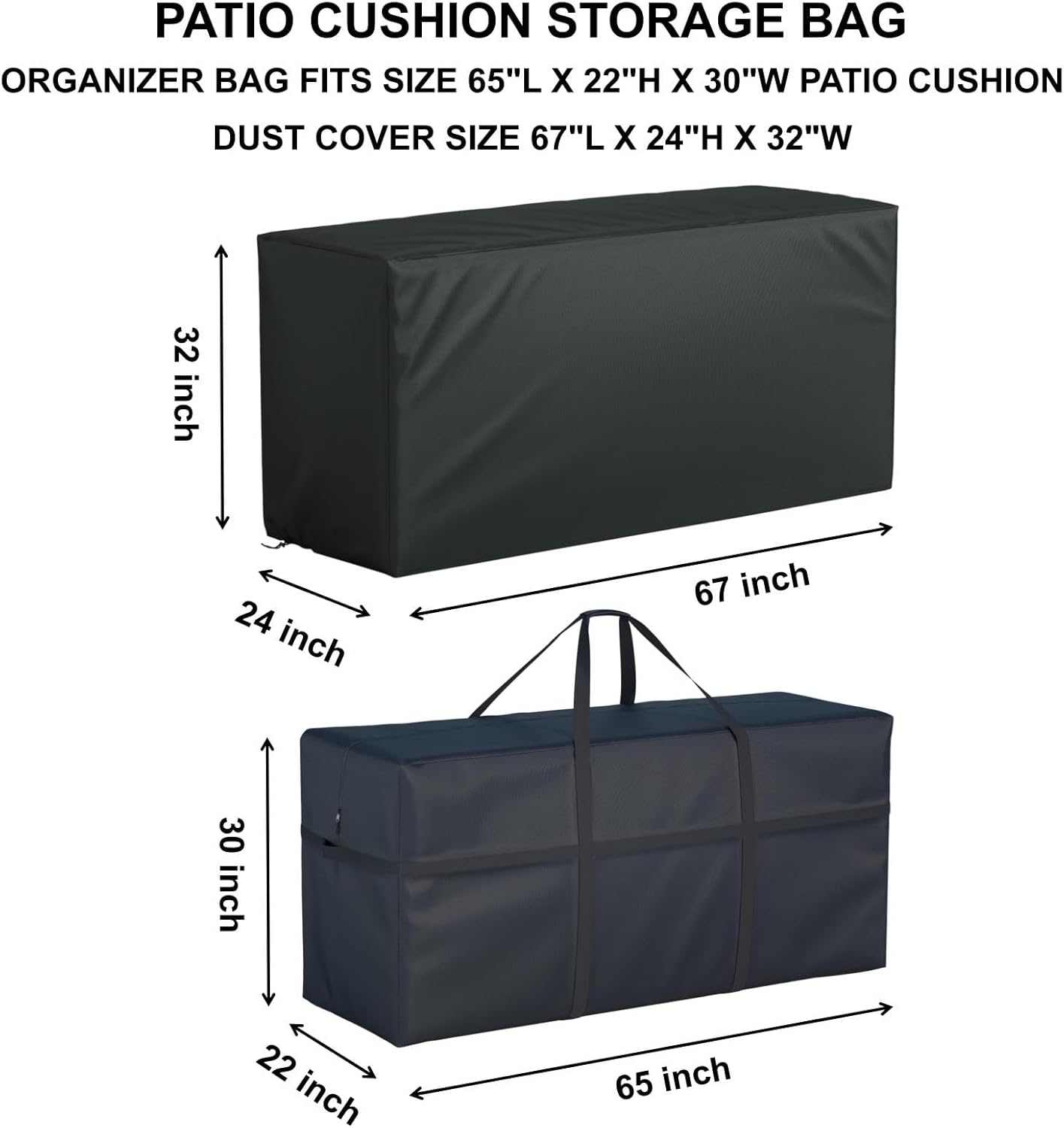 Heavy Duty 600D Waterproof Patio Extra Large Outdoor Cushion Furniture Storage Bag with Handles with Zipper L 65“ x W 22” x H 30”, Storage Bag with Waterproof Cover