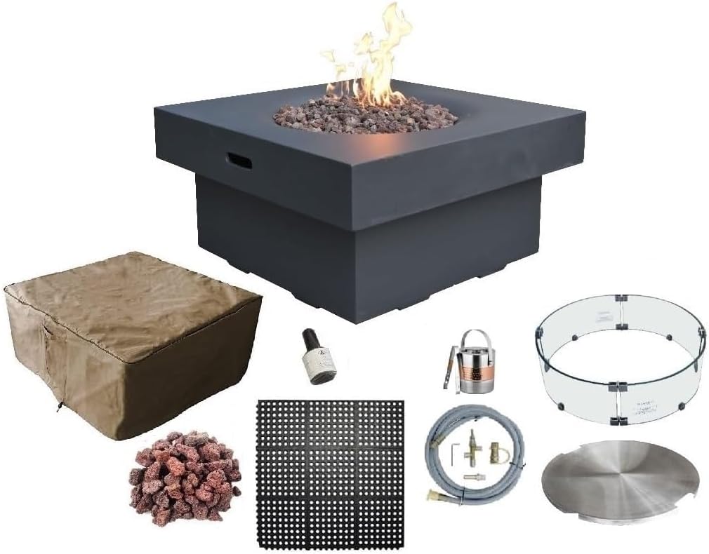 AMS Fireplace | Modeno Branford Package | Black Natural Gas Fire Pit Table for Outside Patio Bundle with Wind Guard, SS Burner Lid | Free Ice Bucket & Rubber Mat