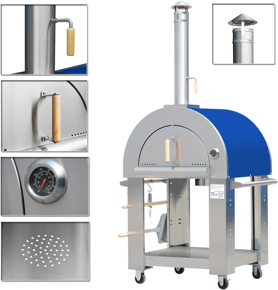 32.5 inch Propane Gas and Wood Fired Pizza Oven with Waterproof Cover, Large Stainless Steel Pizza Oven for Outdoor, Backyard and Party (Blue)