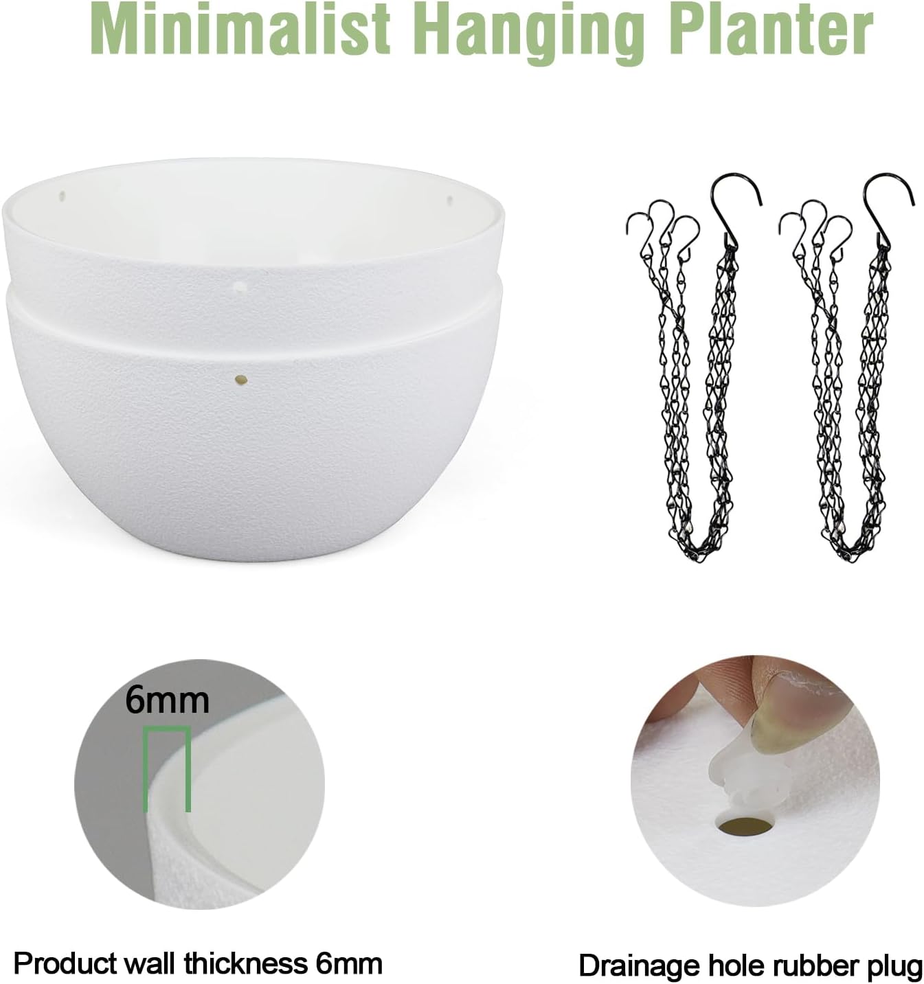 8 inch Small Hanging Planters for Indoor Outdoor Plants, 2 Pack Hanging Flower Pots with Drainage Holes and Chain for Garden Porch, Plastic Hanging Baskets for House Plants, White