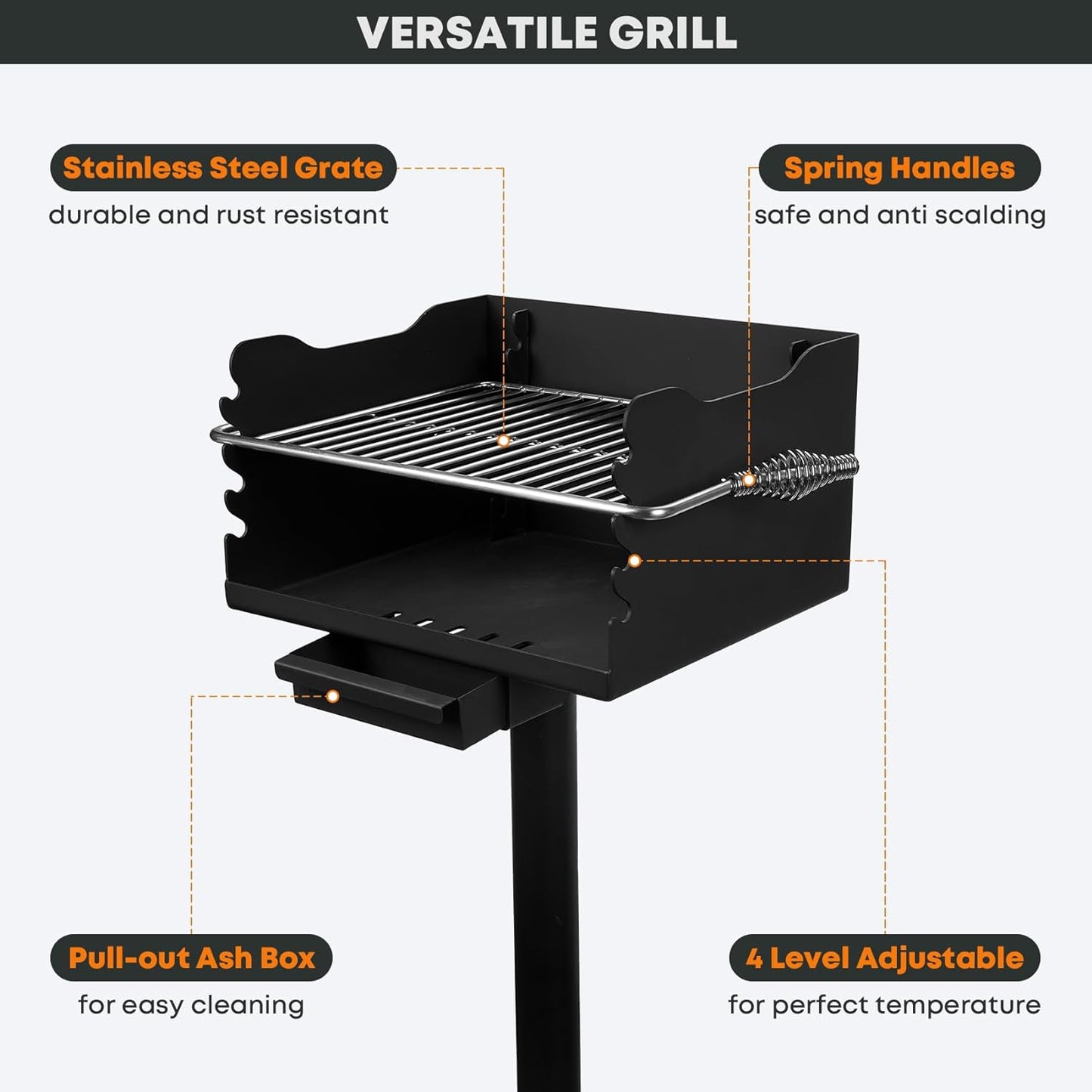 Stanbroil Charcoal Barbecue Grill for Outdoor, Heavy Duty Steel Park BBQ Grill with Stainless Steel Cooking Grate and Above/In Ground Post for Camping and Backyard