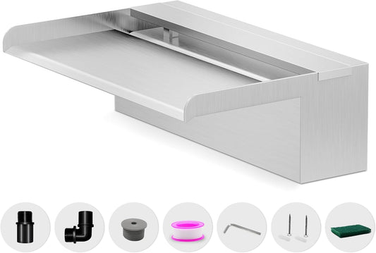 Waterfall Pool Fountain, LONGRUNNEW Stainless Steel Waterfall Spillway with Pipe Connector Kits for Outdoor/Indoor Decorative, 11.8 Inches Pool Water Feature for Garden Patio, Backyard Koi Pond Decor