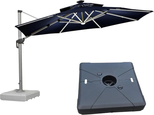 PURPLE LEAF 12ft Patio Umbrella With Base Solar powered LED Cantilever Umbrella with LED lights Windproof Outdoor Offset Umbrella for Garden Deck Pool Patio, Navy Blue