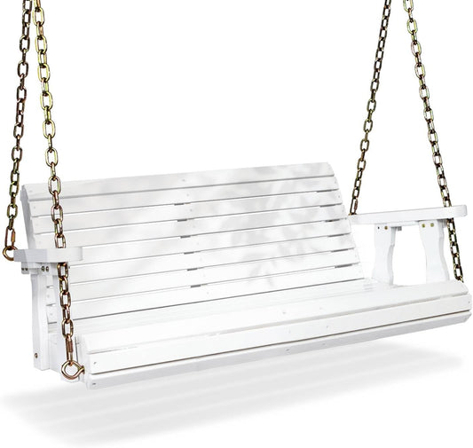VINGLI Upgraded Patio Wooden Porch Swing for Courtyard & Garden, Heavy Duty 880 LBS Swing Chair Bench with Hanging Chains for Outdoors (White, 4 FT)