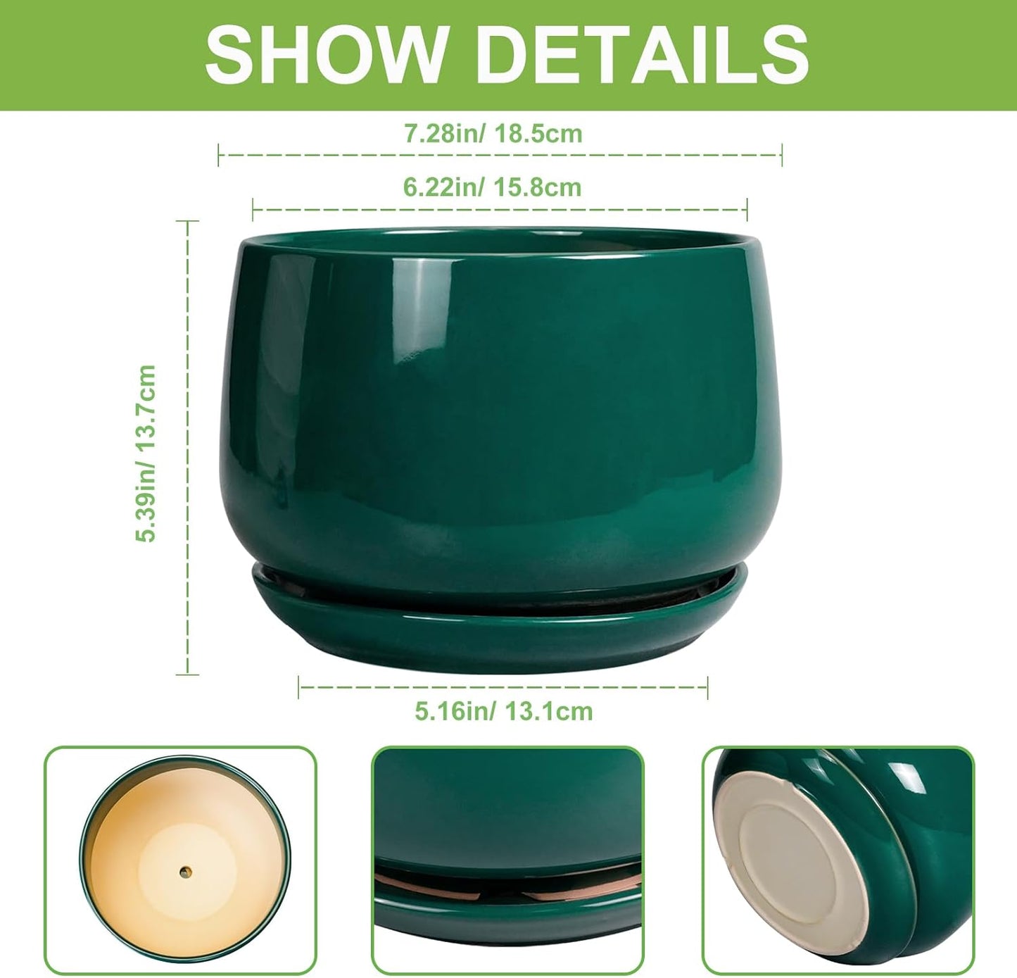 G EPGardening Ceramic Planter for Indoor Plants - 7 Inch Plant Pot, Round Planter with Drainage and Saucer, Round Flower Pots for Outdoor, Modern Desk Decor, Gift for Women Men, Green