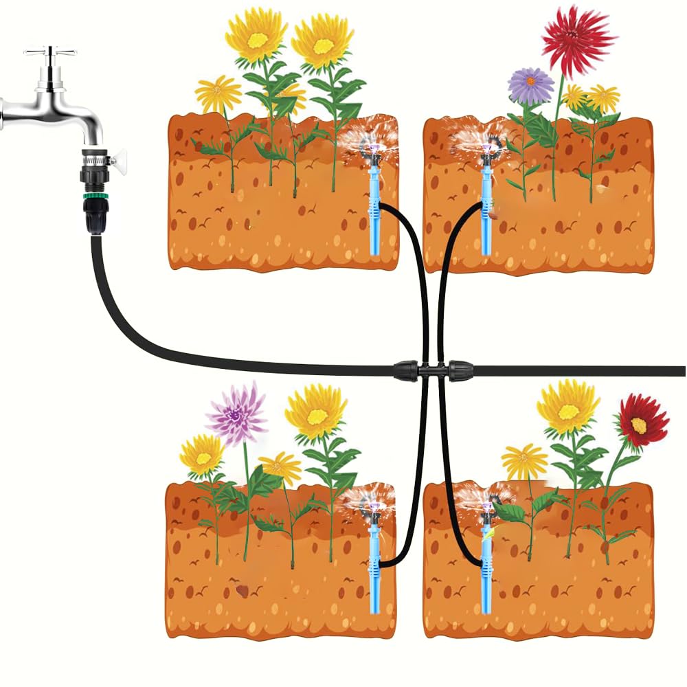 49.2FT/15M Rotary Sprinkler Drip Irrigation System, Adjustable Complete Drip Irrigation Kit with Rotary Sprinkler, 1/2" and 1/4" Irrigation Tubing and Barbed Fittings for Garden,Raised Bed,Yard,Lawn