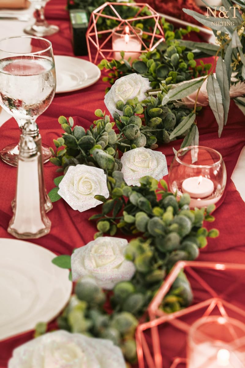 N&T NIETING Artificial Flowers Glitter Roses Flowers 25pcs White Foam Shiny Roses Real Looking Fake Roses with Stem for DIY Wedding Bouquets Centerpieces Bridal Shower Party Home Decorations