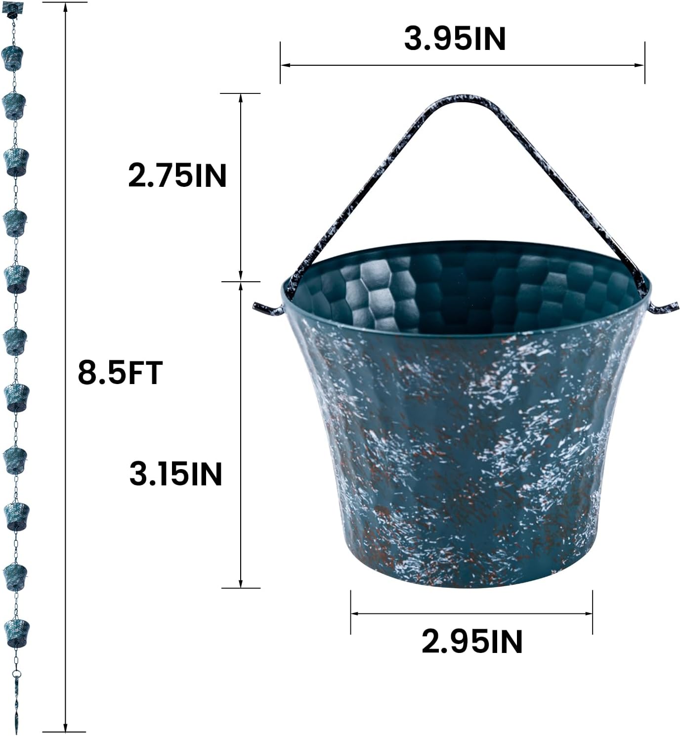 Rain Chain for Gutters with Adapter, Not RustWrought Iron Rain Chains Set 8.5 Ft, Gotta Drain with Anchoring Stake, 14 Cups, 1 Hook, Adjustable Gutter Downspout for Outdoor(Green)