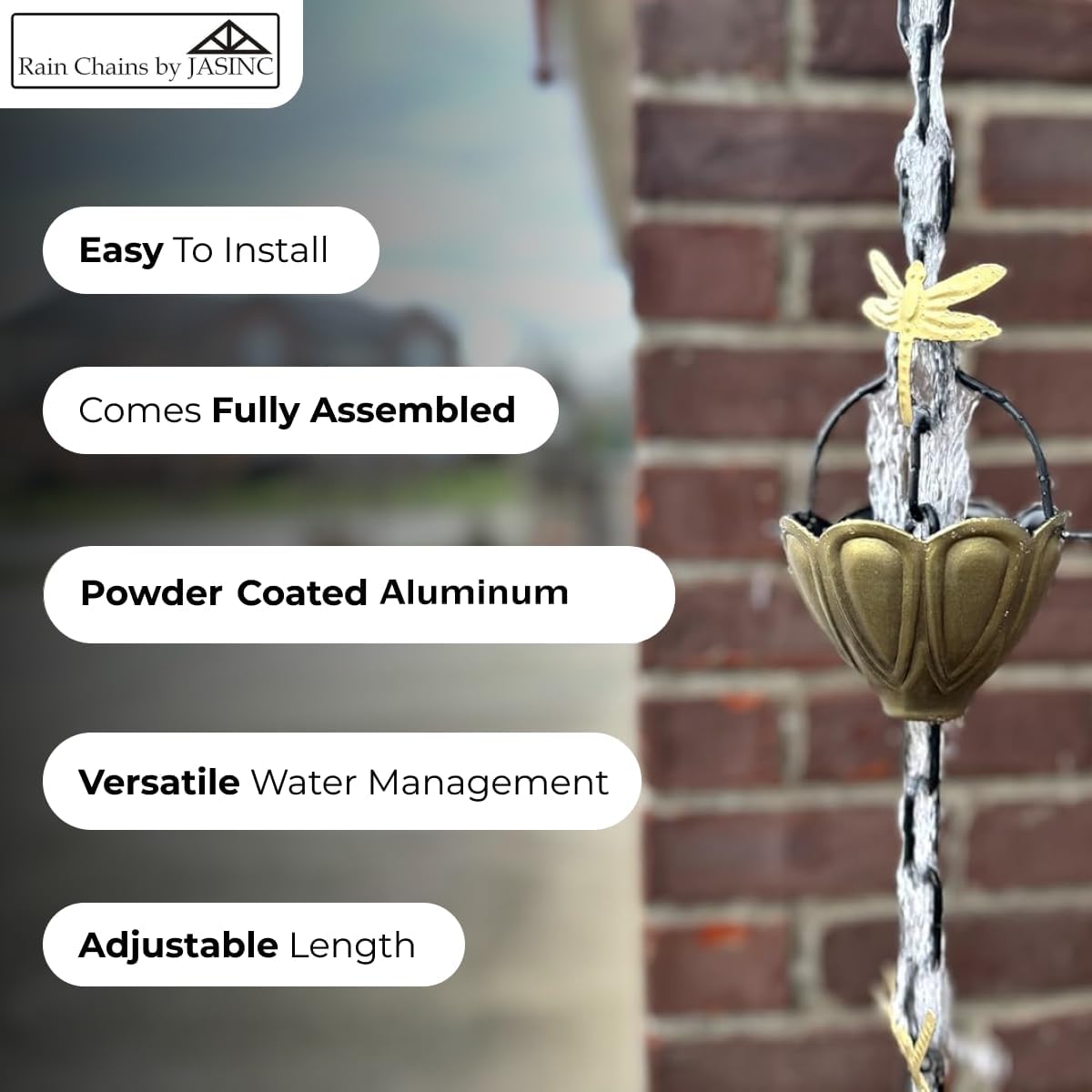 8.5 ft Dragonfly Cups Antique Brass, to Replace Roof Gutter Downspout, with Installation Kit, Rainwater Catcher/Water Diverter, JAS8004AB