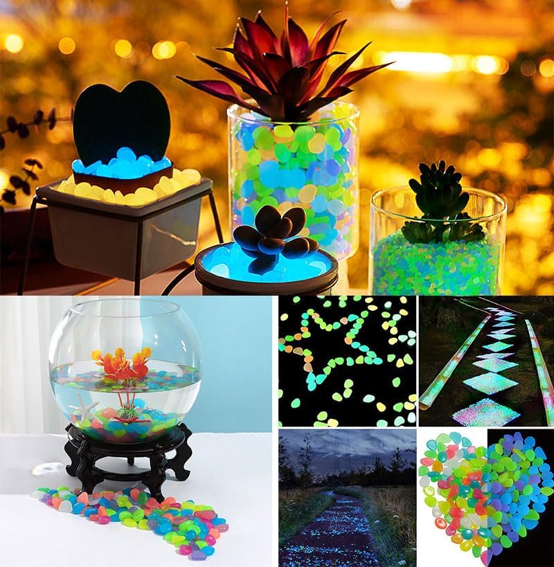 Glow in The Dark Stones 1000 Pcs Glow Pebbles Aquarium Rocks Rainbow Stones for Fish Tank Lawn Yard Garden Walkway Plant Pots
