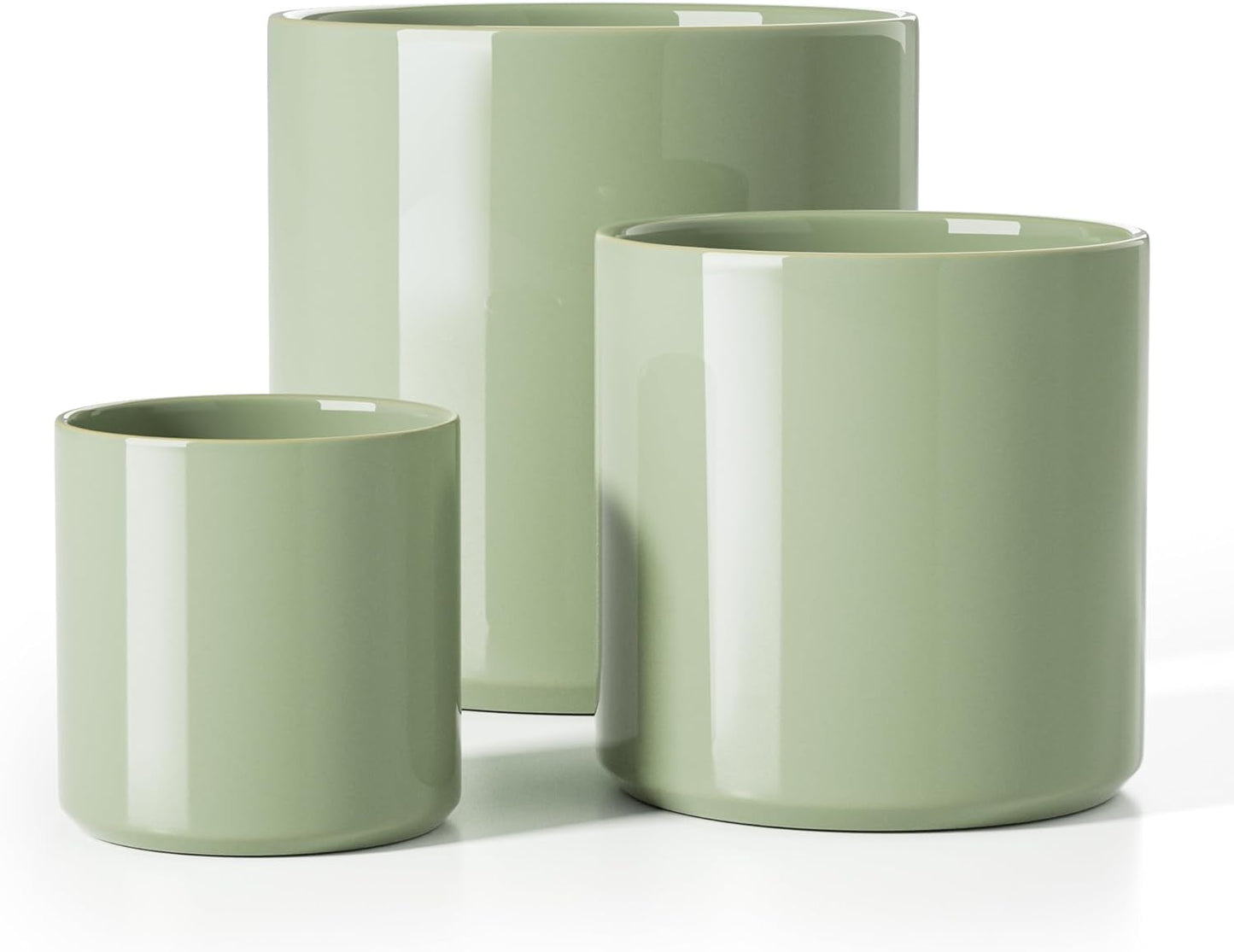 LE TAUCI Ceramic Plant Pots Indoor, 10+8+6 Inch Planters for Indoor Plants, Mid-Century Modern Pots with Drainage Hole and Plug, Cylinder Round Planters, Set of 3, Sage Green