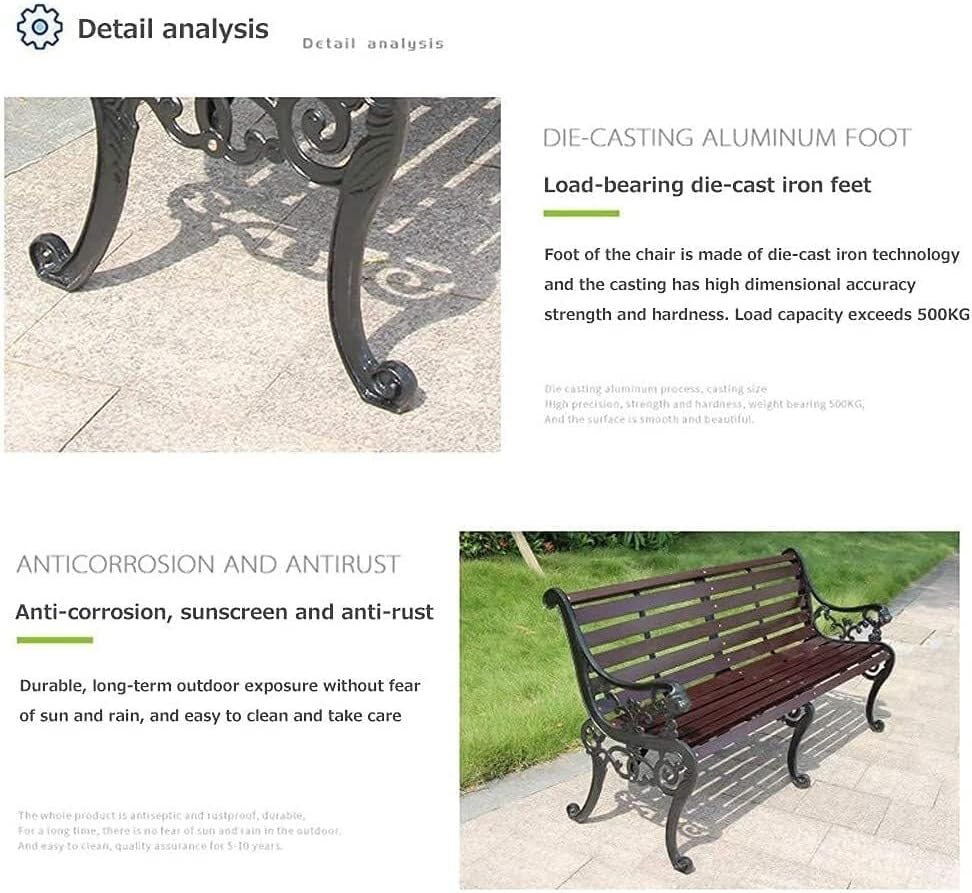 Garden Bench Outdoor Bar Hotel Patio Bench, Cast Iron Metal Frame Preservative Wood Patio Park Bench with Backrest and Armrests, for Porch, Lawn, Garden, Yard(Teak+Antique Bronze Legs)