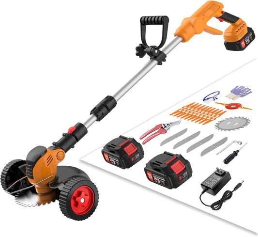 Cordless Weed Wacker Electric Eater Battery Powered, 21v Lightweight Weed Trimmer With 2 4.0Ah Battery Operated & Charger & Wheels & Shears, 3 In1 Grass Trimmer/Brush Cutter/Edger for Yard Garden Lawn