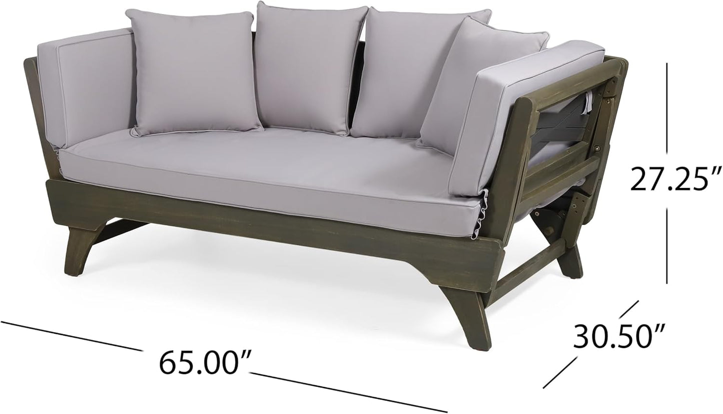Outdoor Adjustable Patio Wooden Serene Daybed Sofa Chaise Lounge with Cushions for Small Places, Sleeper Chair with Armrest for Backyard, Poolside (Grey)