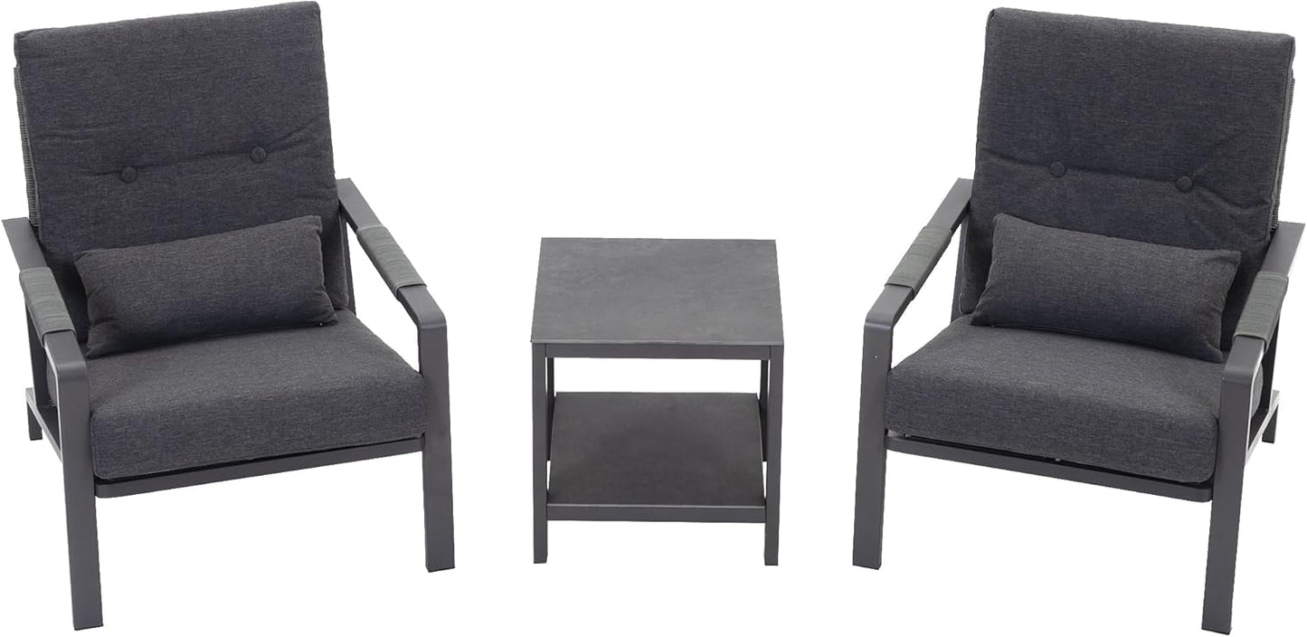 3 Piece Outdoor Bistro Set, Rattan Patio Furniture with Aluminum Frame & Coffee Table, Waterproof Cushion Fabric, High Elastic Sponge, Grey Terrace Patio Set