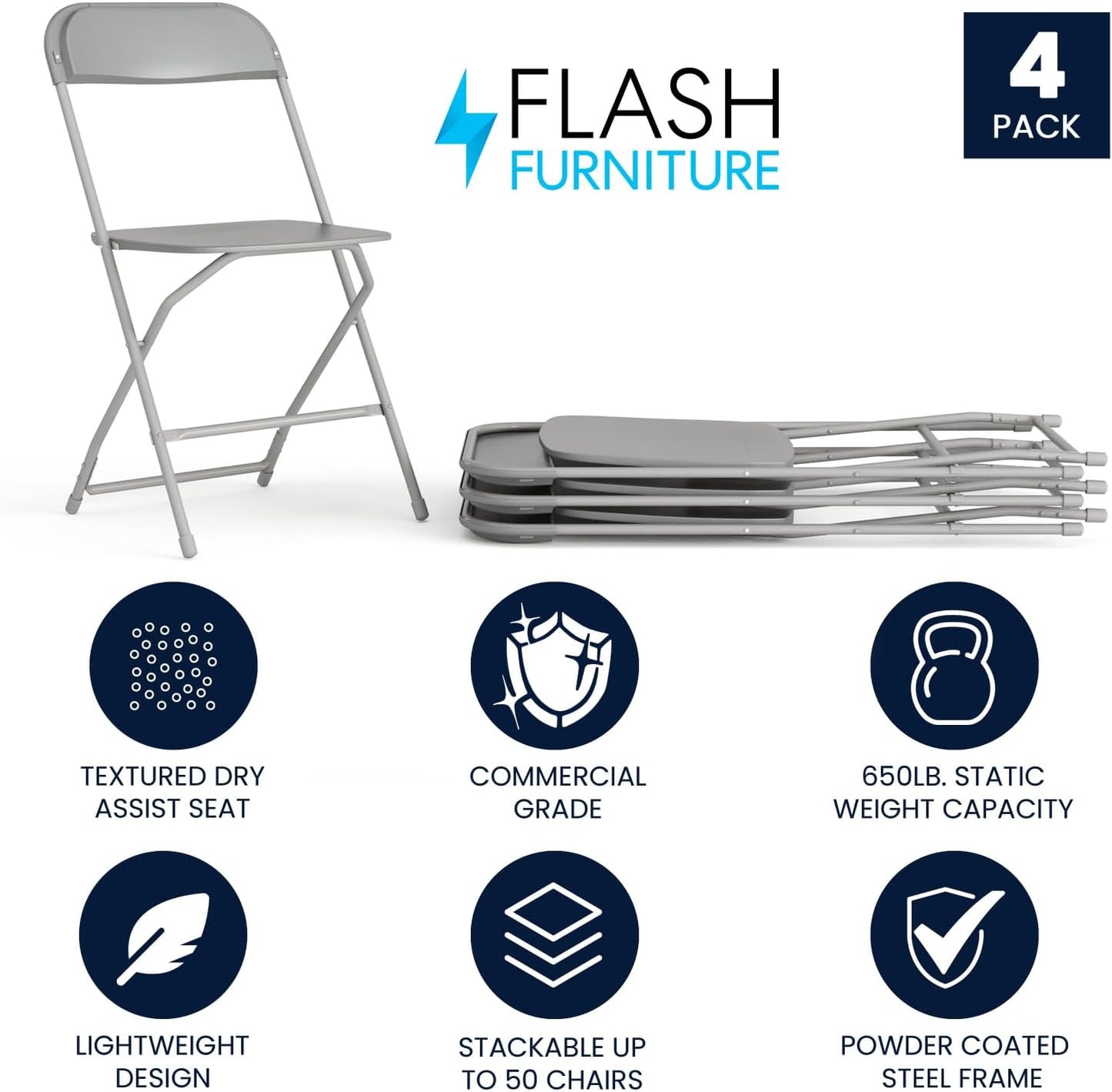 Flash Furniture Hercules Series Plastic Folding Chair - Grey - 4 Pack 650LB Weight Capacity Comfortable Event Chair-Lightweight Folding Chair