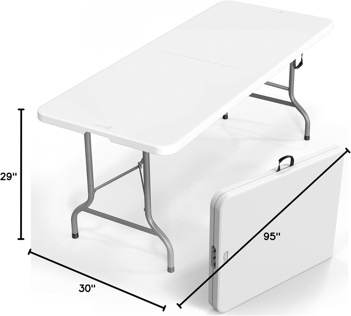 VINGLI 8 Foot Plastic Folding Table Portable Long Table for Indoor Outdoor Use Rectangular with Carrying Handle，White