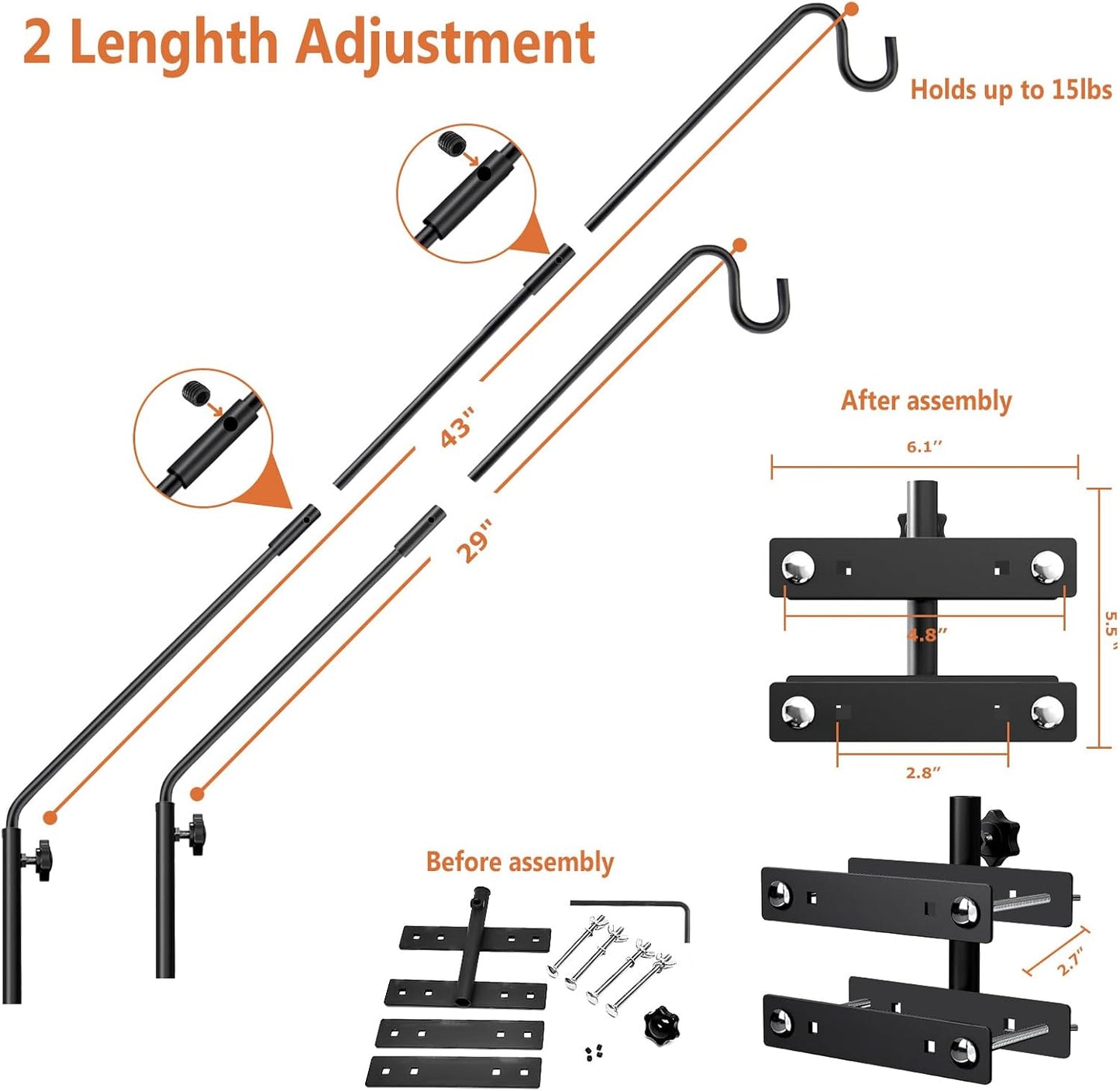 Heavy Duty Deck Hook-Deck Railing Plant Hanger, 29 to 43 Inch Extended Bird Feeder Hanger W/Double Clamps,Versatile Deck Shepherd Hook for Hanging Bird Feeders,Lanterns,Planters etc.