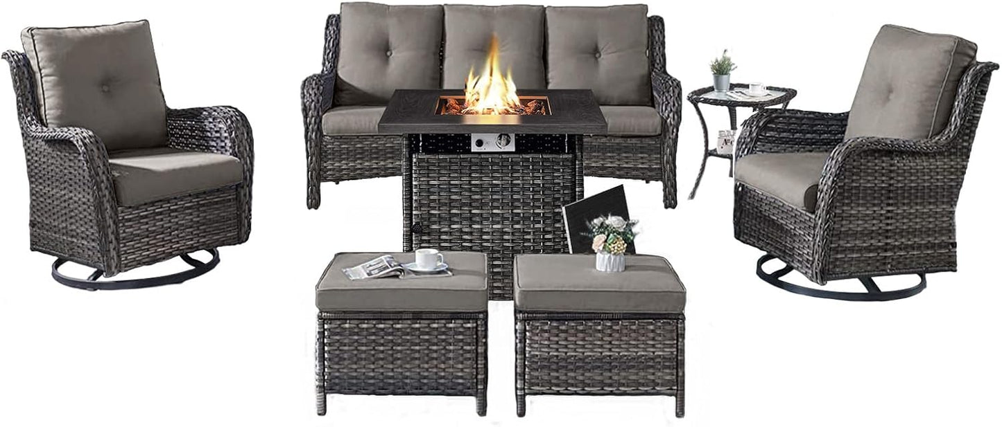 Outdoor Patio Furniture Set with Propane Fire Pit Table, 7 Pieces Wicker Patio Conversation Set with 2 Swivel Glider Rocker Chair Rattan Sofa Grey Cushion Perfect for Casual Gathering