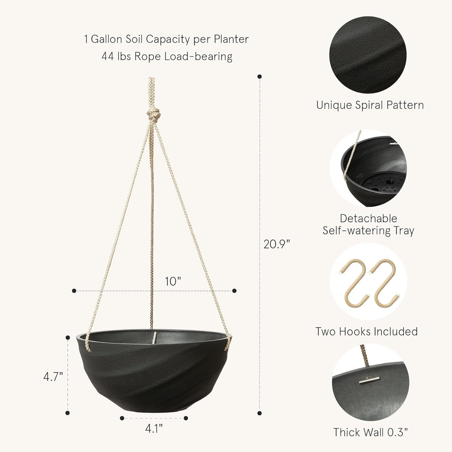 La Jolie Maison 10 Inch Hanging Planters for Indoor Plants, Outdoor Garden Planter Pots with Self-Watering Tray, Jet Black, Spiral Pattern, Set of 2