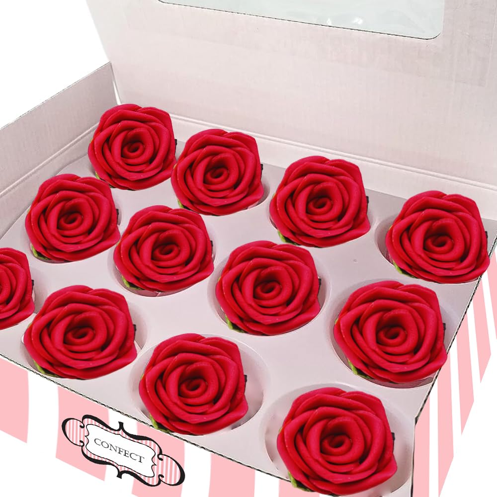 Confect Edible Rose Cake Toppers – Edible Roses for Cupcake & Cake Decorations- Vegan, Gluten-Free, Dairy-Free, Palm Oil-Free -Edible Viva Magenta Roses - Pack of 12