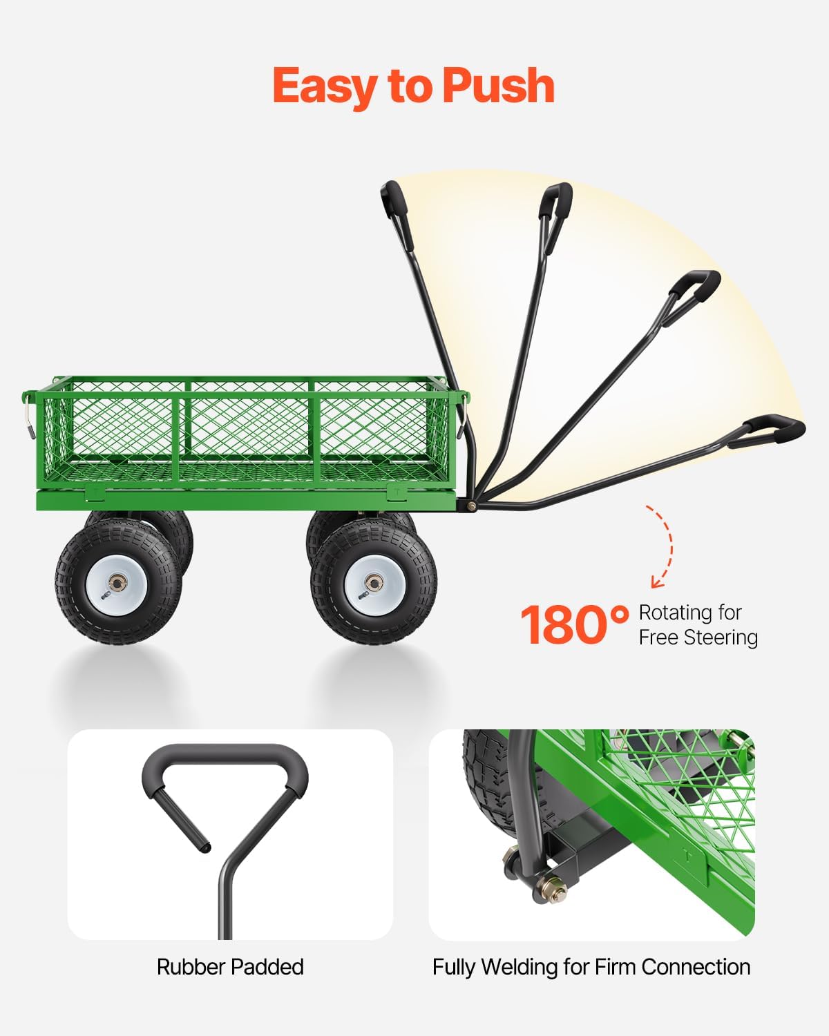 VEVOR 680 Lbs Steel Garden Cart on Wheels, Heavy Duty Garden Wagon Cart Pullable, Metal Outdoor Utility Yard Wagon Carts with 10" Tires, Mesh Removable Sides and 180°Rotating Handle