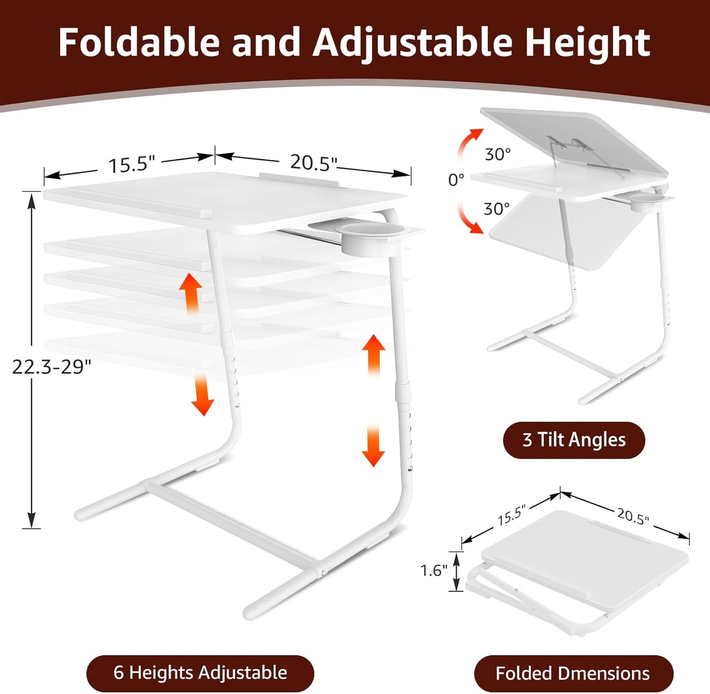 TV Trays Set of 4 - Folding TV Tray Adjustable Dinner Trays for Eating On Couch Wooden Tables Mate Stand Foldable White Desk with Cup Holder Portable