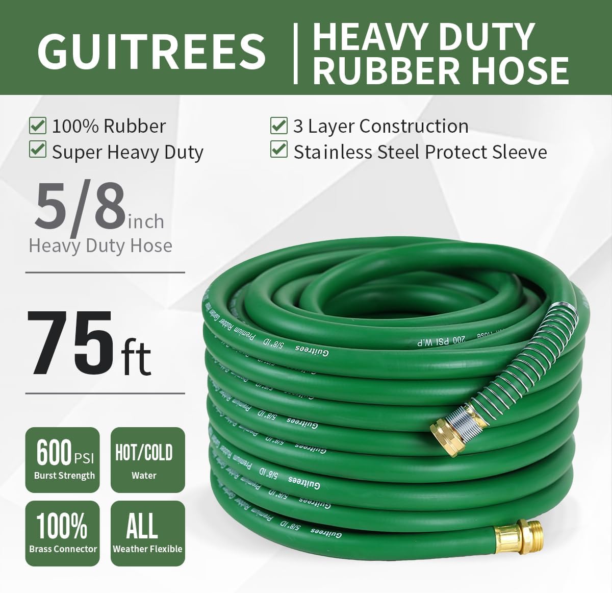 75FT 5/8 Heavy Duty Rubber Garden Hose - 200psi Working, 1000psi Burst - Hot/Cold Water - Five-Layered Braiding for Durability - Versatile for Gardening, Agriculture, Construction(Green)