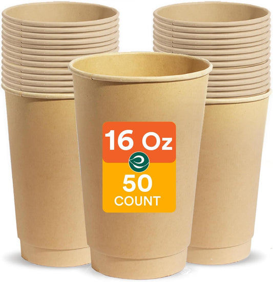 ECO SOUL 100% Compostable Plant-Based 16oz Hot Cups | (50 Count, 16 oz Hot Cups) | Disposable Bagasse Paper Cups | Eco-friendly Cups | Sturdy, Microwave & Oven Safe