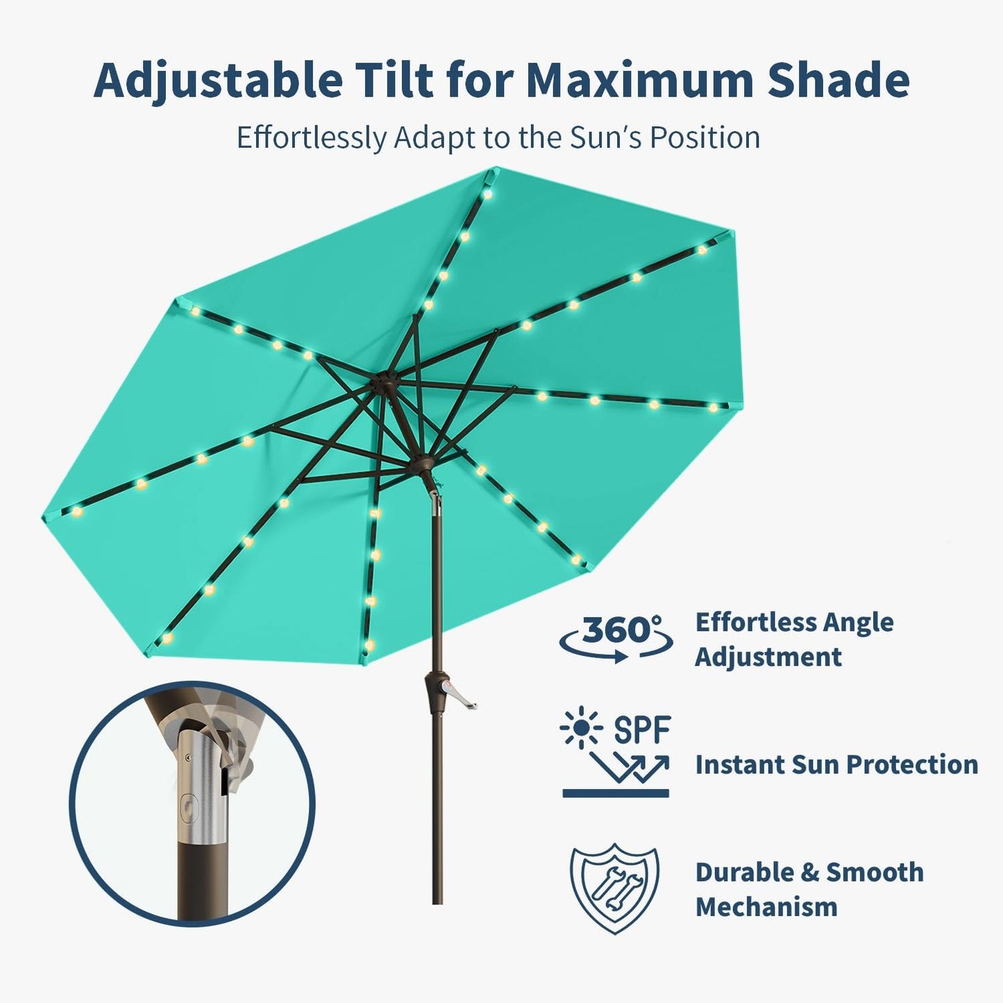 10FT Solar Umbrella 32 LED Lighted Patio Umbrella Table Market Umbrella w/Tilt and Crank, UV-Resistant Outdoor Umbrella for Pool, Garden, Deck, Turquoise Blue