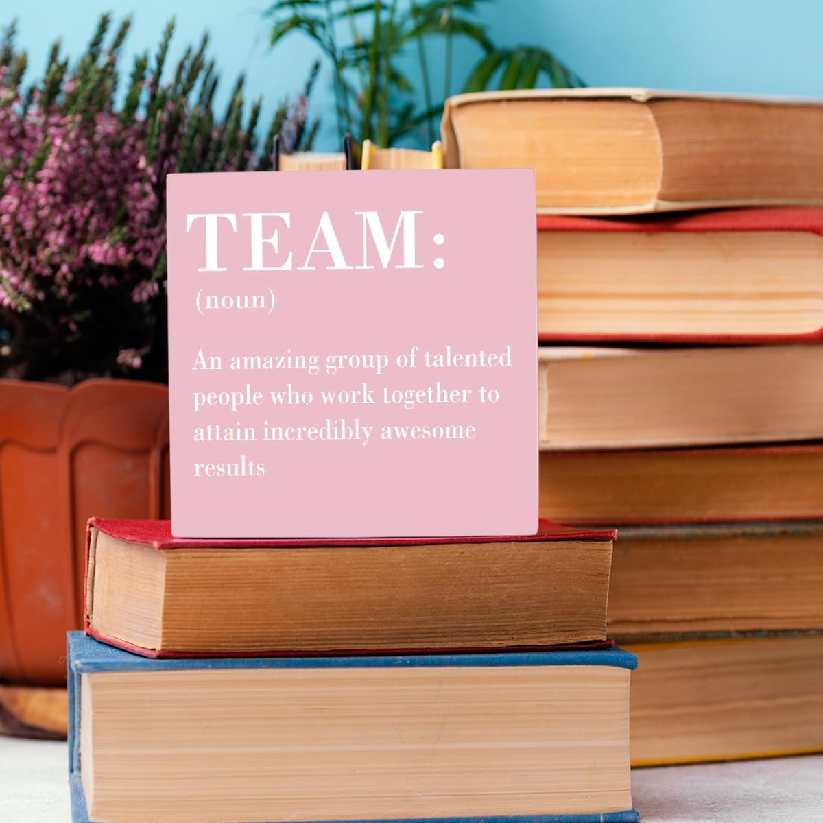 HTBIG Inspirational Team Noun Office Decor Desk Decor Wooden Box Sign Rustic Pink Wood Block Plaque Box Sign for Home Office Desk Shelf Table Decoration Coworker Gift Team Definition Teamwork Sign