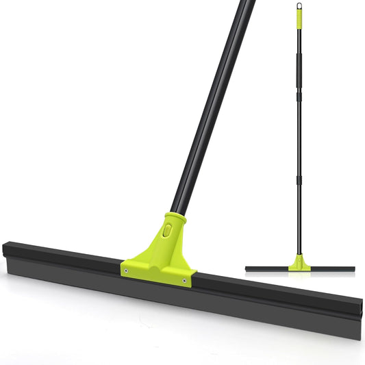 Floor Squeegee Heavy Duty, 24” Rubber Foam Water Scraper Broom, Epoxy Wiper Mop with 62 inches Long Handle for Cleaning Concrete Pool Rug Garage Deck Shower Window Outdoor Indoor (Green)