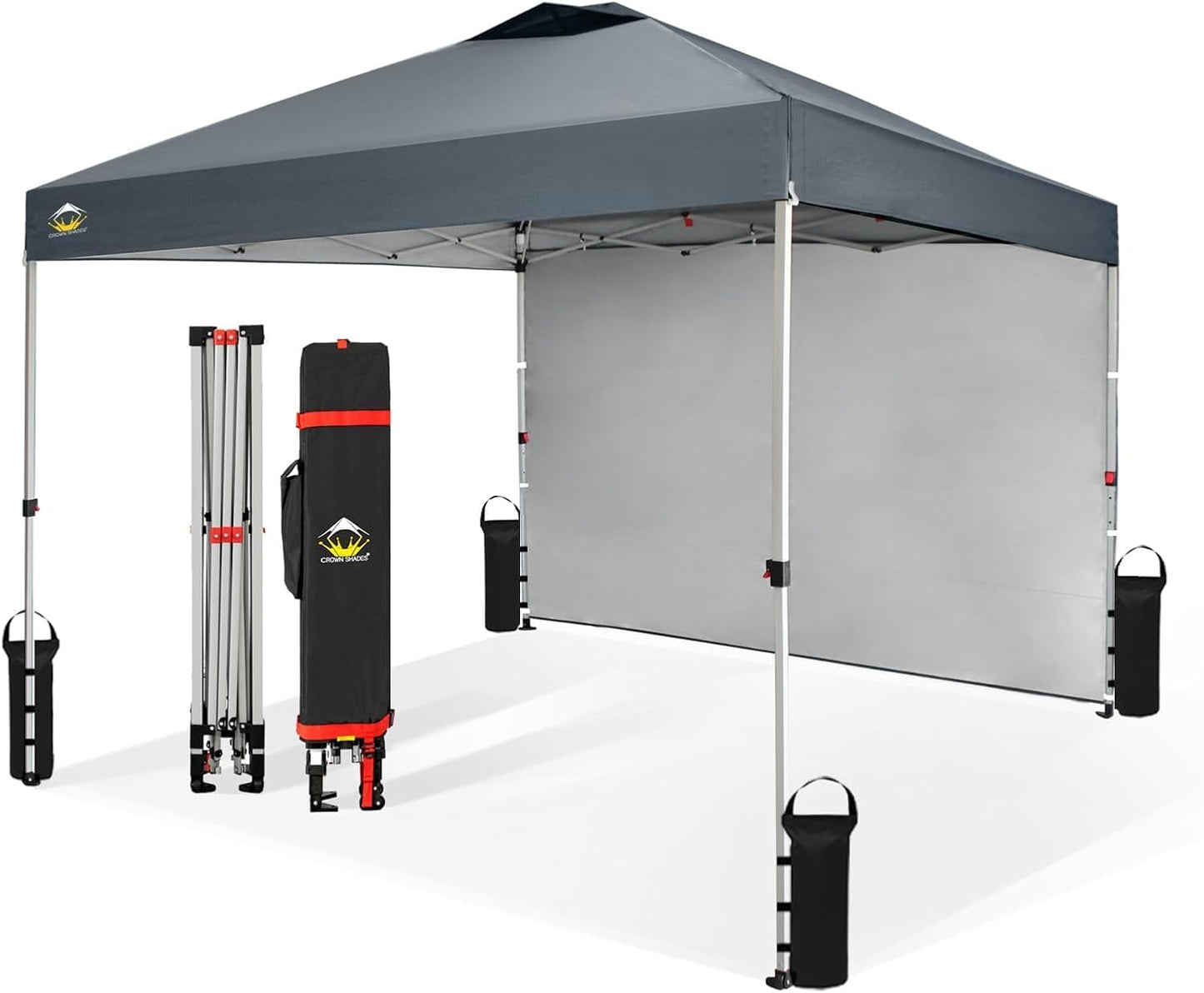 CROWN SHADES 10x10 Pop Up Canopy with 1 Side Wall - Beach Tent with One Push Setup - Outdoor Sun Shade for Events, Parties, Camping - Gazebo with STO-N-Go Cover Bag (Grid Grey)