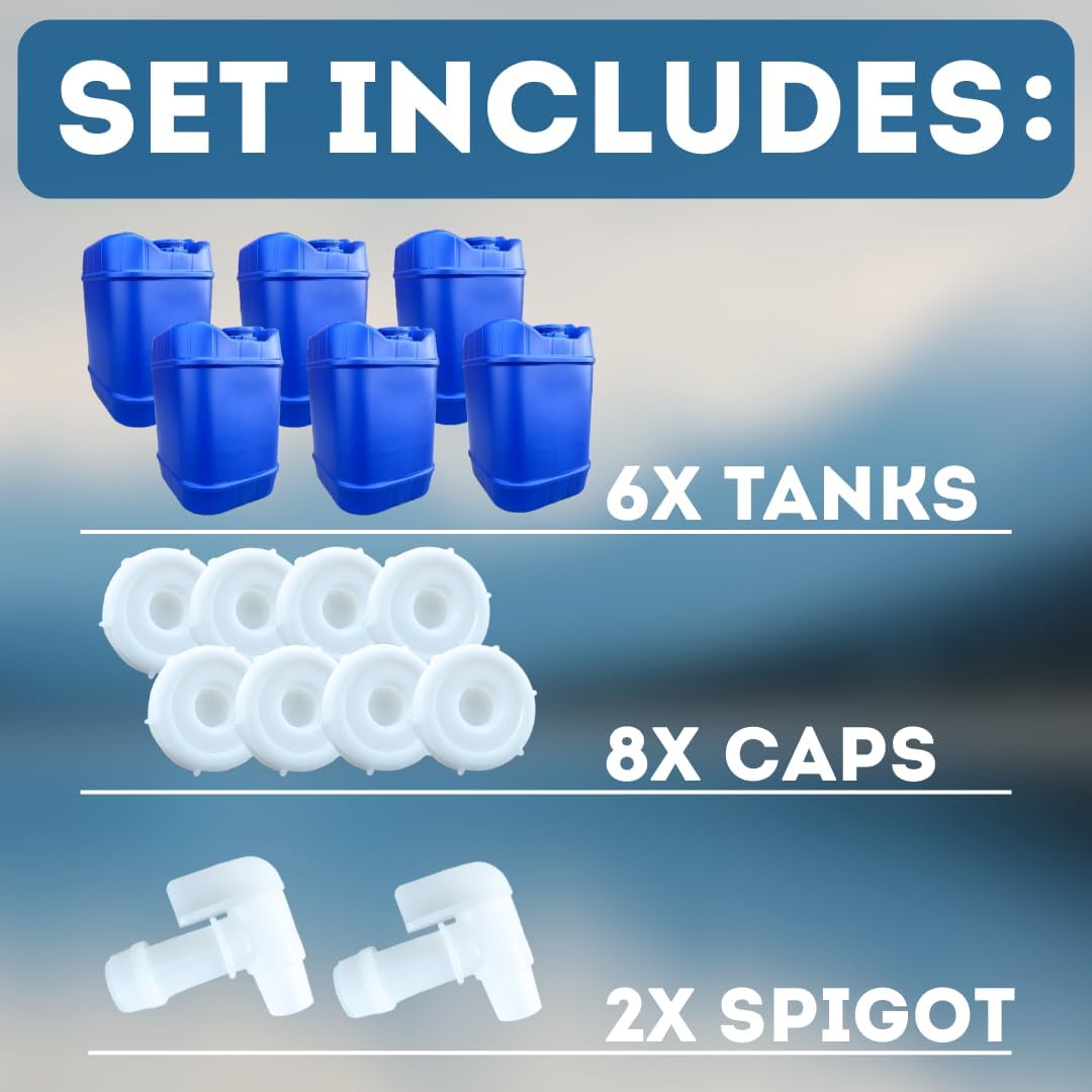 5-Gallon Stackable Water Storage Containers, 5 Gallons Each w/Lids + Spigot, Easy Fill, Survial Supply Emergency Water Storage for Camping and Disaster Preparedness, RV, 30 Gallon (6 Tanks)