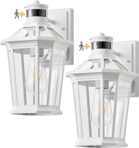 VIANIS Motion Sensor Outdoor Light Fixtures Wall Mount, 2 Pack White Dusk to Dawn Exterior Wall Lantern, Anti-Rust Wall Mount Lighting with Clear Glass Shade for House, Entryway, Front Door