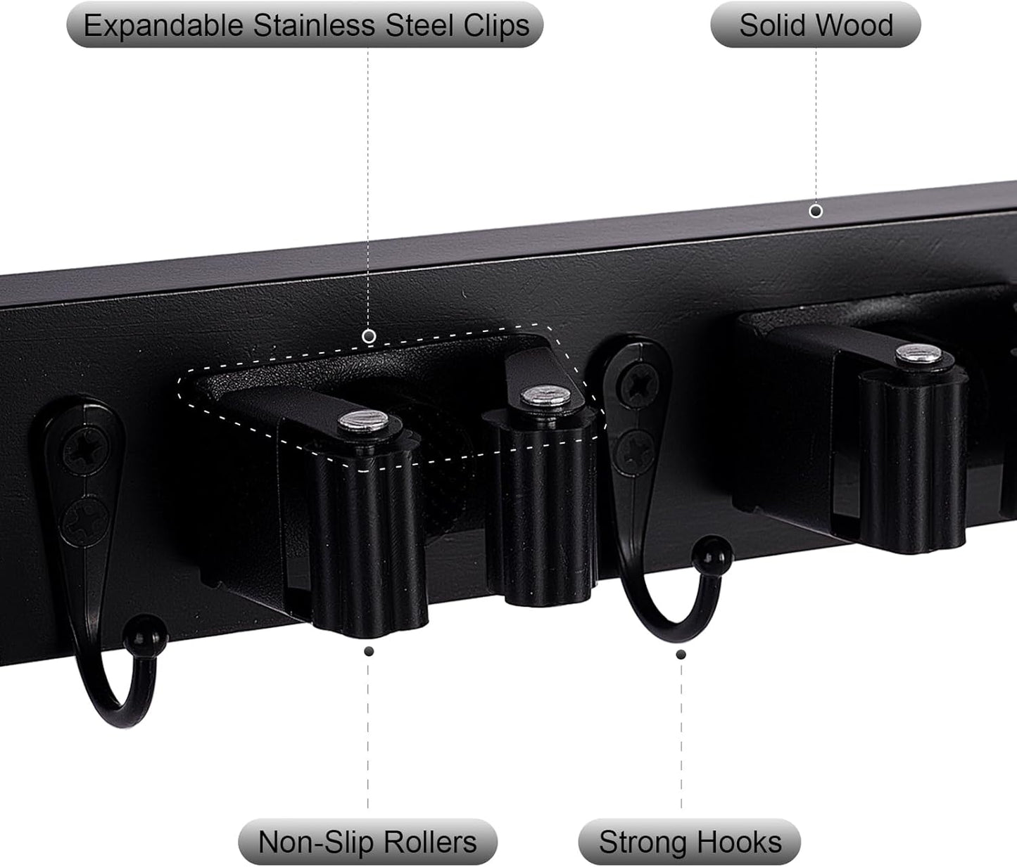 Broom Holder Wall Mount With 5 Slots & 4 Hooks，Rustic Wood Broom & Mop Hanger，Wall Mounted Garden & Garage Tool Storage Organizer Rack for Closet Laundry Room or Kitchen Wall Decor Black