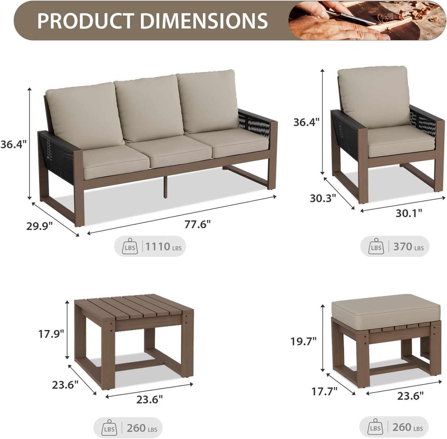 EAGLE PEAK Natural Wood Outdoor Patio Furniture, Cedar Furniture, Conversation Set, Outdoor Seating for Deck Patio Porch, Sofa 2 Chairs 2 Ottomans & Side Table, 6 Pieces, Brown/Beige