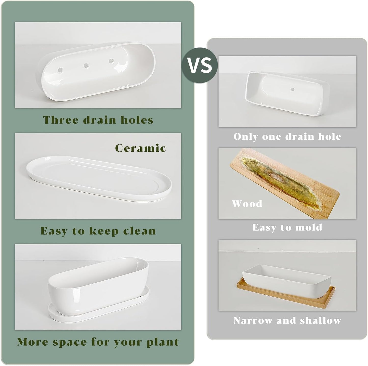 E-liu Oval Ceramic Planter Pot with Drainage Hole Saucers 11 Inch Succulents Planter Home Decor for Indoor Outdoor Plants Herb Cactus with 3 Mesh Pads, Plants Not Included