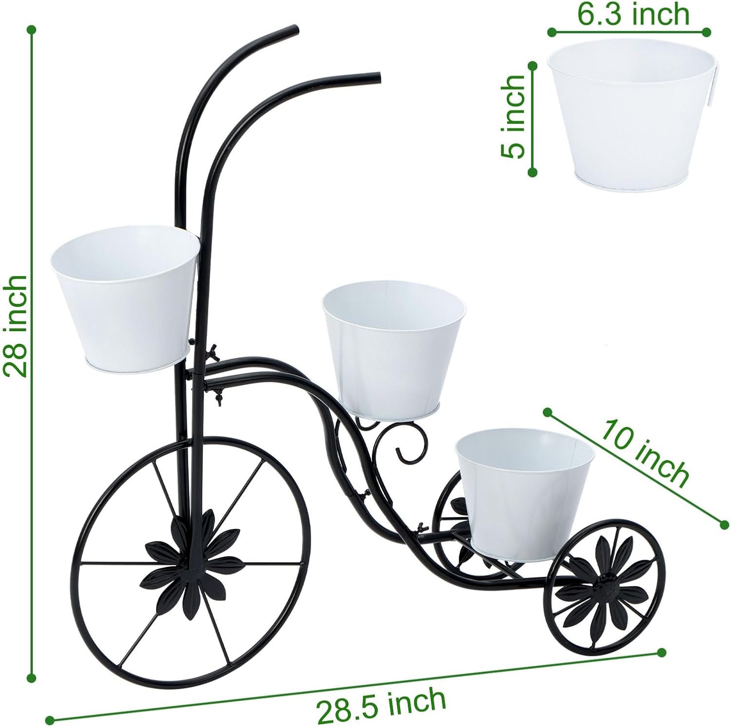 BAYN Bicycle Planter Stand, Metal Flower Pot Cart Holder Tricycle Planter with 3 Plant Bucket Outdoor Decorative for Patio, Deck, Garden or Lawn