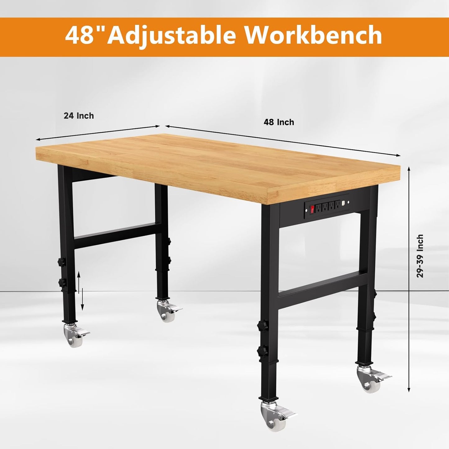 48" Work Bench, Adjustable Height Work Table with Power Outlets and Wheels, 2000 Lbs Capacity Heavy-Duty Hardwood Top Workstation for Garage, Workshop, Office, Home