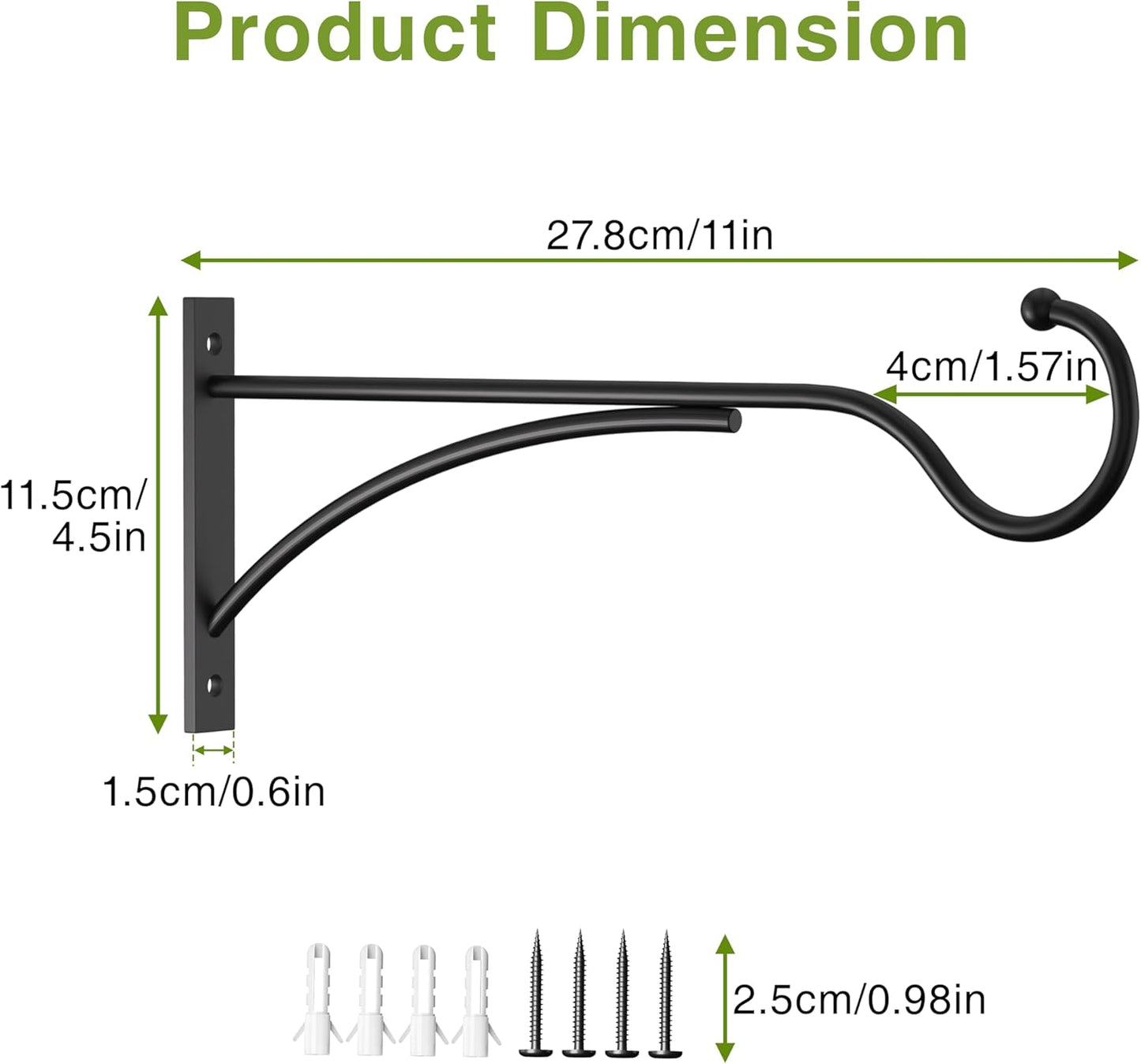 Outdoor Plant Hanging Hooks for Wall: 11 Inch Black Metal Bracket for Hanging Baskets, Bird Feeders, Wind Chimes, Flower Baskets, Yoga Mat, Lanterns. 2 Pack