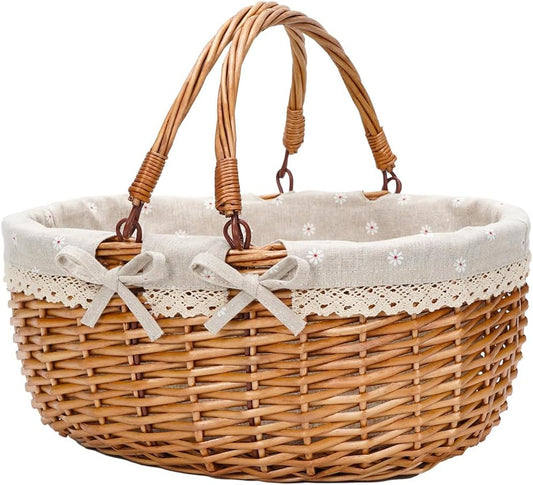 G GOOD GAIN Wicker Picnic Basket with Double Folding Handles,Willow Picnic Hamper,Natural Hand Woven Easter Basket,Easter Eggs and Candy Basket,Bath Toy and Kids Toy Storage,Gift Packing Basket.White