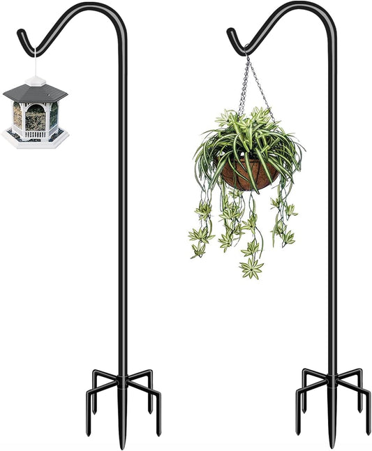 Garbuildman 60 Inch Tall Shepherd Hooks with 5-Forked Base, Adjustable Heavy Duty Bird Feeder Pole Stand Hanger for Outdoor, Shiny Black, 2 Pack