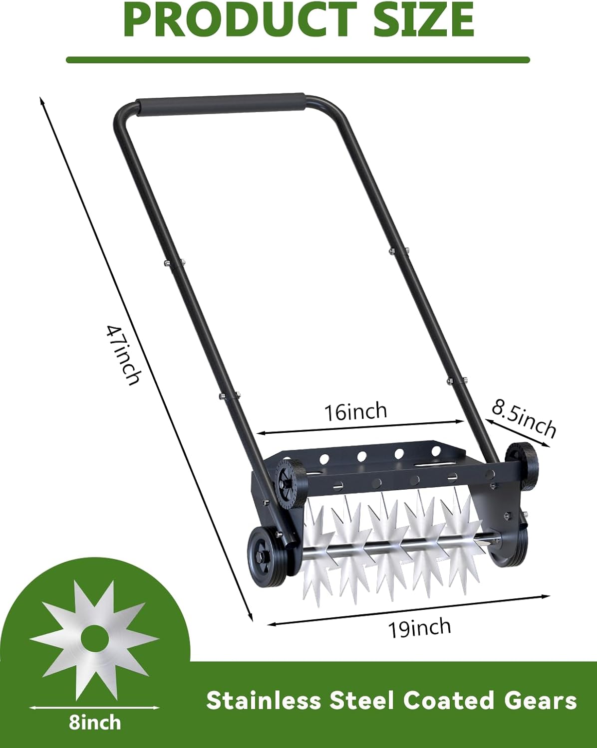 18-Inch Lawn Aerator Spike, Heavy Duty Push Spike Aerator, Rotary Lawn Aerator Tool, Manual Aerator Lawn Tool with Foam Armrests, Push Lawn Aerator with 4 Wheels for Lawn, Yard Aeration