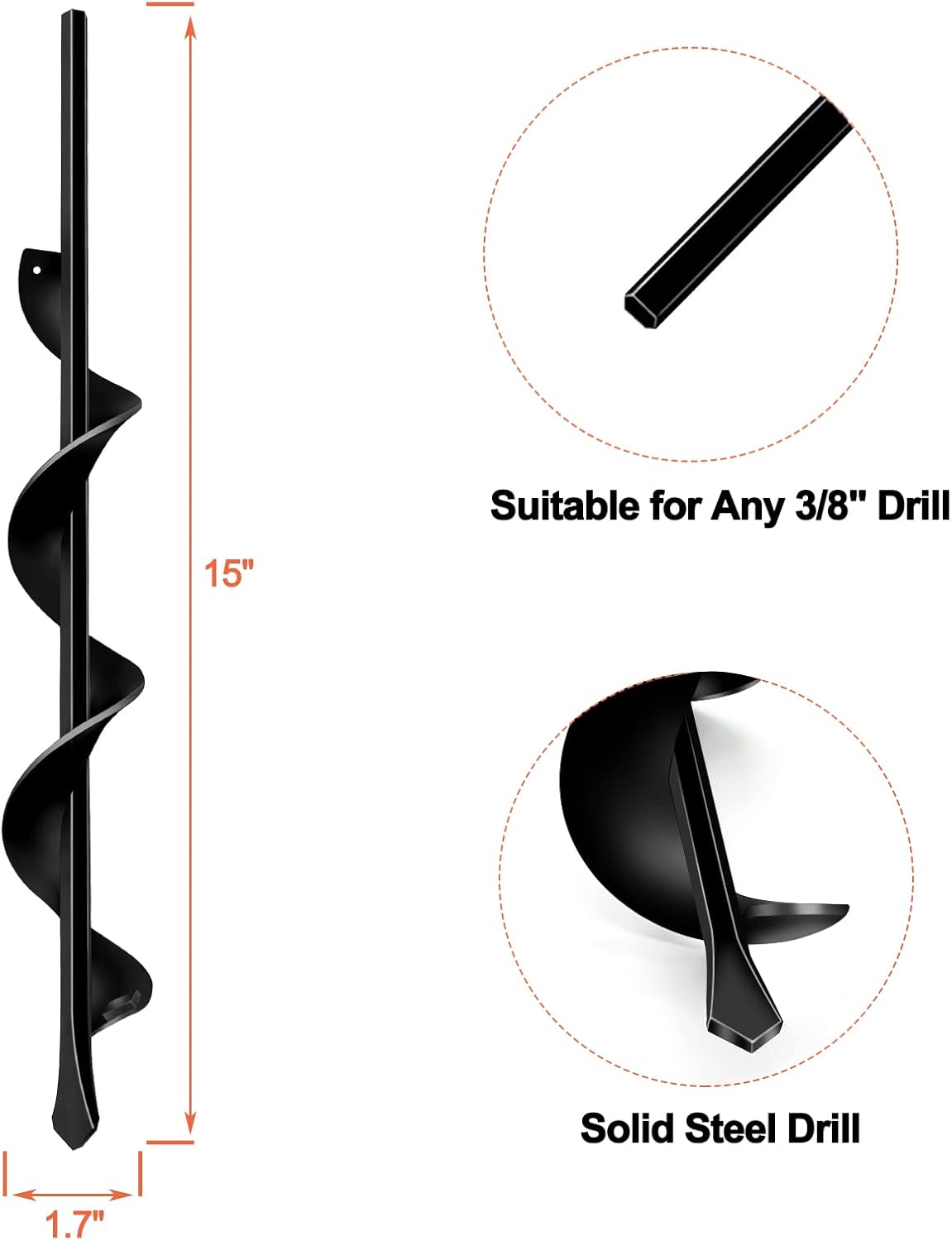 LONGRUN Auger Drill Bit for Planting-1.7"x15" Planting Auger, Garden Spiral Hole Drill Bulb Planter Tool for Planting, Bedding Plants, Flowers, Umbrella Holes - 3/8 Inch Hex Drive Drill Augers