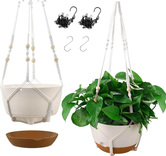 10 Inch Hanging Planters for Indoor & Outdoor Use (2 Pack) - Self-Watering & Drainage Flower Pots with Chain & Macrame Hangers (White, 10 in)