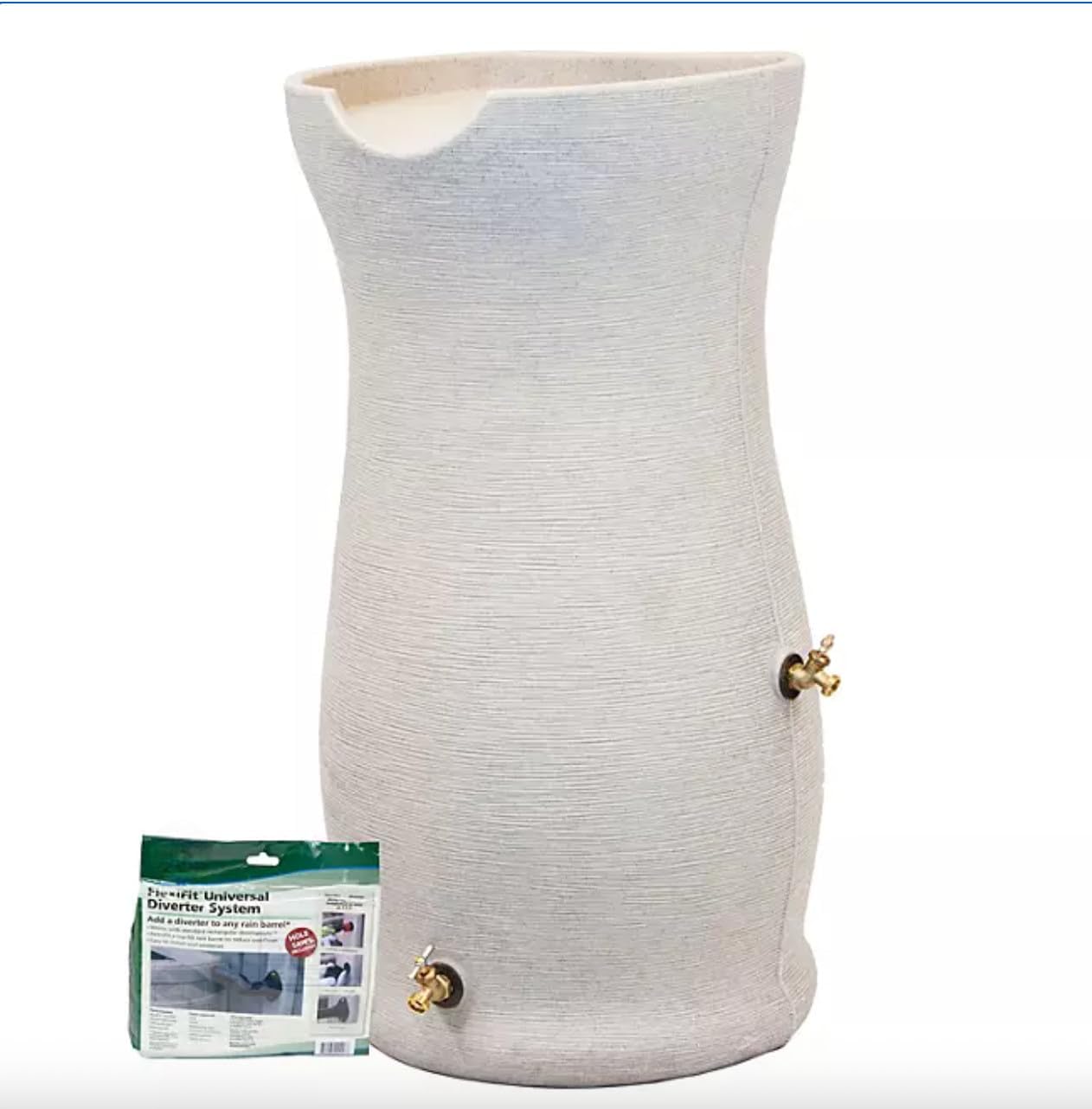 50-Gallon Impressions Corsican Rain Barrel with Diverter Kit, Light Gray Textured Finish, Dual Brass Spigots, Downspout Connection