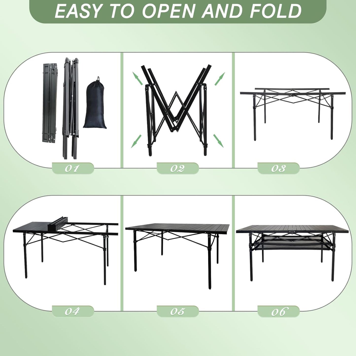 Large Folding Camping Table Aluminum with Storage for 4-6 People 55"X27.5" Roll Up Tall Outdoor Portable Table Lightweight with Carry Bag for Picnic BBQ Backyard Beach