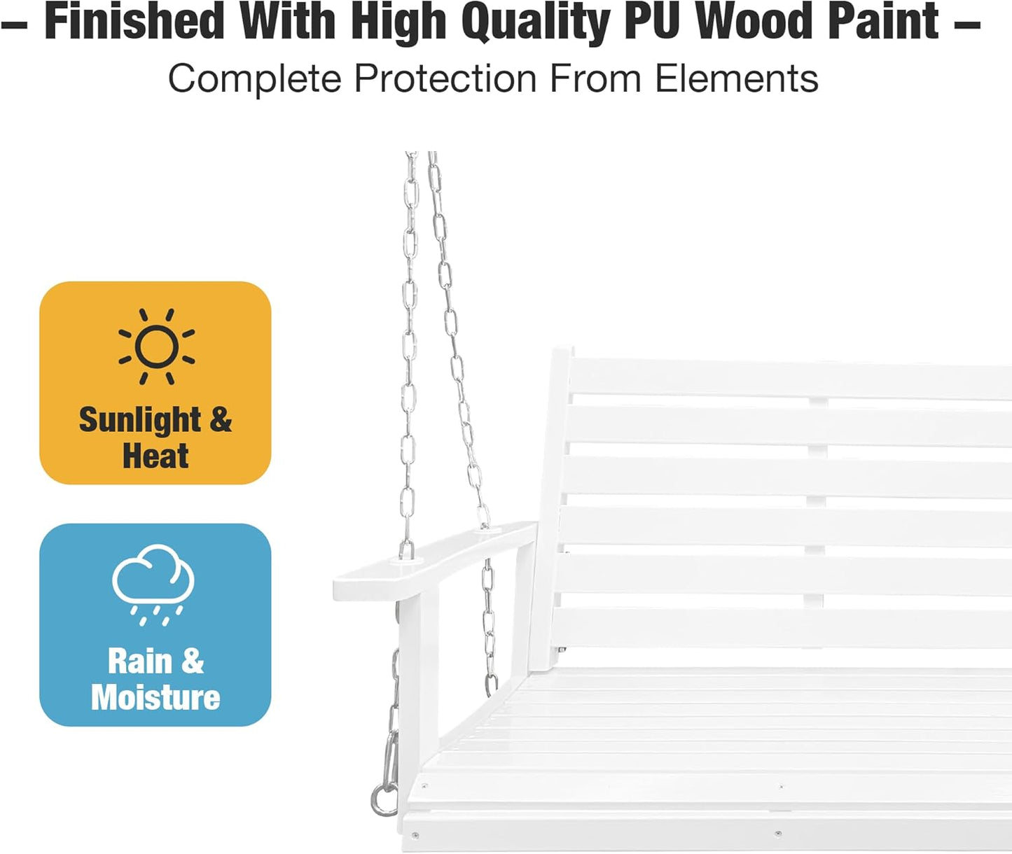 Wooden Porch Swing, Ergonomic Seat, Bench Swing with Hanging Chains and 7mm Springs, Heavy Duty 880 LBS, for Outdoor Patio Garden Yard (High Gloss White, 2-Seater Extra Large)