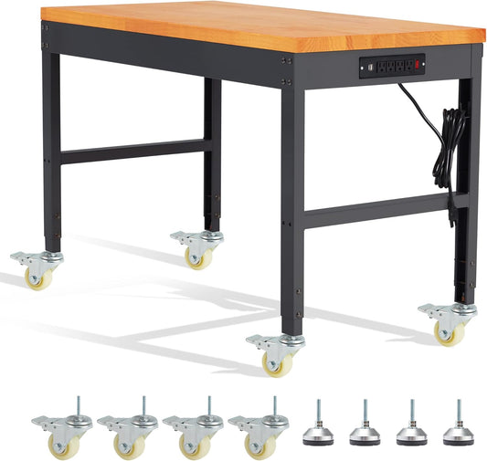HABUTWAY Height Adjustable Workbench with Wheels 48" x 24" 2000 Lbs Capacity Solid Wood Work Station Heavy-Duty Rolling Work Tables for Garage Party Shop Office